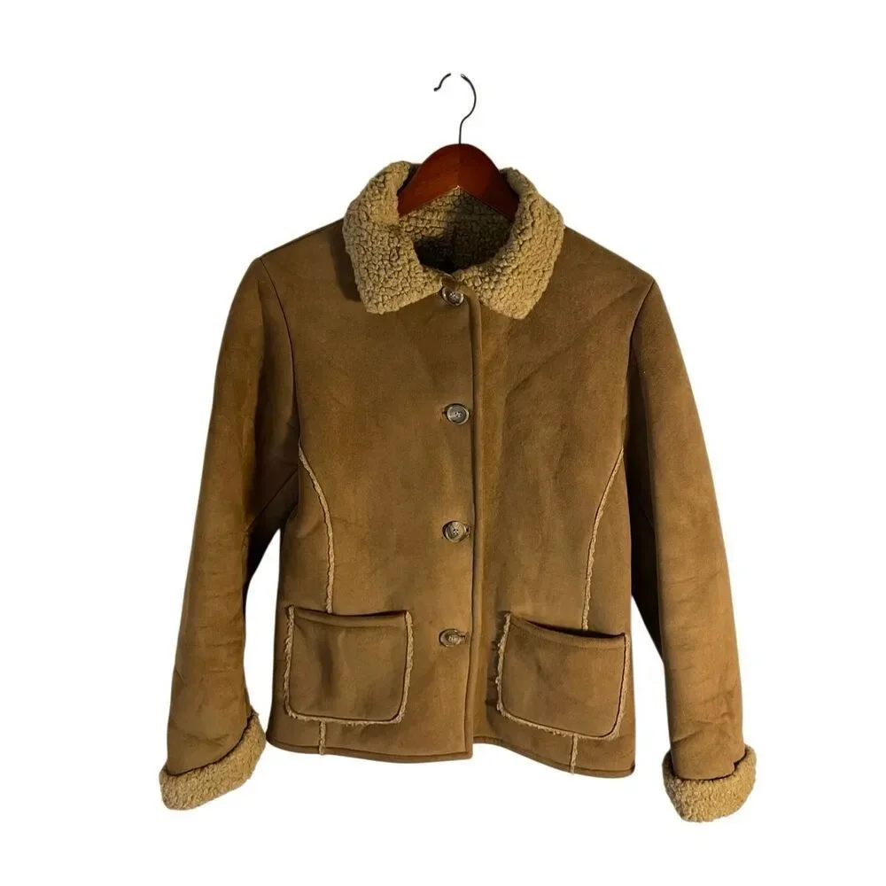 Fjall Sherpa Jacket, Small. Brown Pockets. Faux Suede, Shearling. Thick and warm